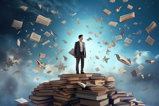Businessman standing on top of a pile of books. Mixed media, A man standing on an open book. floating pieces of the book above him. dyslexia concept, AI Generated