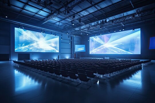Concert hall with rows of seats and glowing screens in blue tones, A modern training hall with chairs facing a giant stage with one big screen displaying, AI Generated