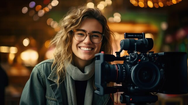 Smiling female photographer wearing glasses.