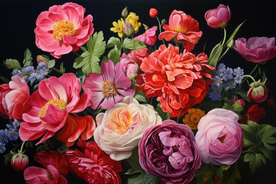 Colorful bouquet of flowers on black background, closeup, A painting of a bouquet of flowers, created in the style of Realism, AI Generated