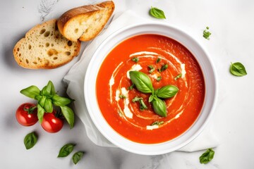 Bowl of hot tomato soup. Healthy vegetarian dish of roasted tomatoes with garlic and basil. Mediterranean cuisine. Top view.