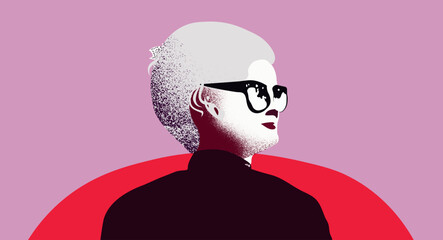 Portrait of a successful mature woman with glasses in a stylish outfit. A stylish female (businesswoman) with a slight smile, a sideways glance on a pastel pink background.  Vector flat illustration