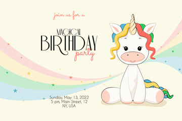 Magical colorful happy birthday party with cute rainbow unicorn 