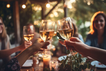 Group of friends toasting white wine at an outdoor dinner party, embodying social celebration in an authentic, lifestyle-oriented scene. - Powered by Adobe