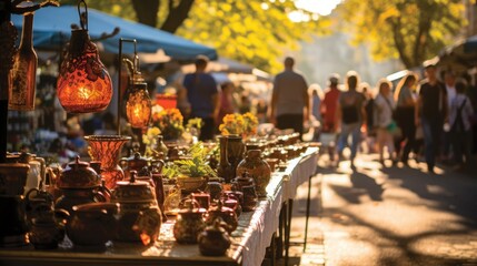 A lively open-air market filled with stalls, antique tables, art and knick-knacks.