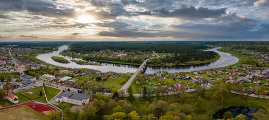 Aerial panorama view of Kraslava town in Latvia (Latgale) and Daugava river