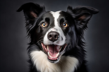 Happy border collie dog looking at the camera, inside shoot, black background