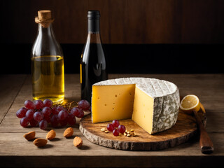 Digital Still life photo of cheese, nuts, grapes, old bottle of red vine on a rustic background