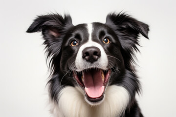 Happy border collie dog looking at the camera, inside shoot, white background