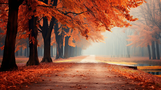 The road in the park strewn with autumn leaves. Autumn landscape of the long road. autumn concept.