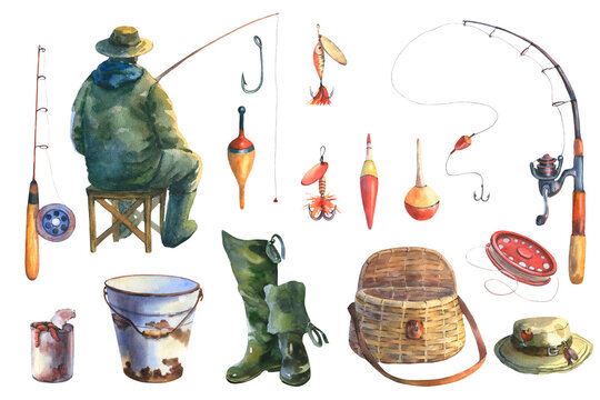 Watercolor illustration, big set of the fishing, wooden boat, fish carp, paddle, pike, fishing rod, perch and stones, bucket and other. For designers, scrapbooking, postcards, wrapping paper