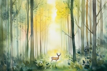 Soothing watercolor of a serene forest landscape with a deer among tall trees & sunlight. Great for backgrounds & decorations. Generative AI