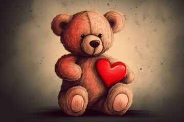 Valentine's Day teddy bear with big red heart. Illustration. Generative AI