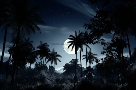 Silhouetted jungle under moonlit sky on Christmas night. Generative AI