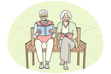 Joyful mature couple sit on bench in pack reading books. Smiling old man and woman relax outside enjoy literature. Happy maturity and hobby. Vector illustration.