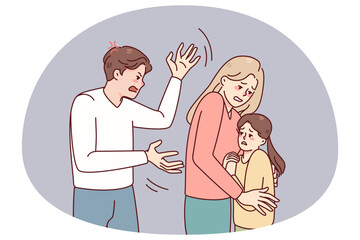 Mother protect child from aggressive father. Woman hide kid from authoritarian husband. Family conflict and domestic violence problem. Vector illustration.