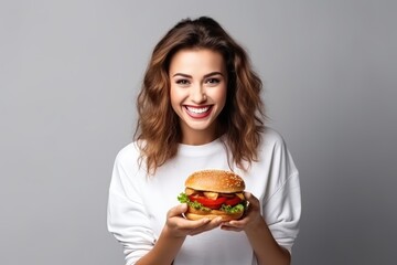 Cheerful woman fast food diet gray background smile