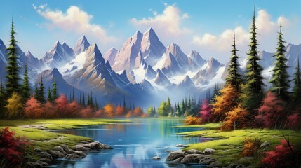  a painting of a mountain landscape with a lake in the foreground.  generative ai