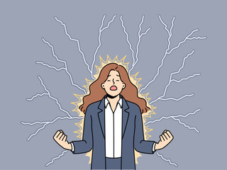 Young angry woman stands among lightning bolts and is nervous about problems affecting profit of company. Angry businesswoman closes eyes and clenches fists feeling hatred and annoyance - obrazy, fototapety, plakaty