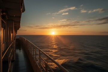 View of sunrise on the horizon over the sea from the deck of a ship. Generative AI