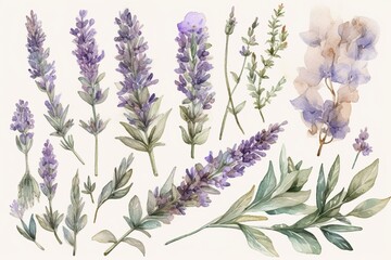 Floral illustrations of lavender flowers and leaves. Generative AI