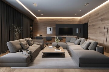 Modern living area with sleek design and cozy seating 1_swinir. Generative AI