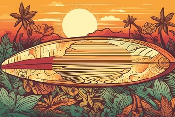 tropical beach surfboard illustration. Generative AI