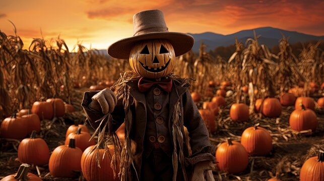  a scarecrow in a pumpkin costume standing in a field of pumpkins.  generative ai