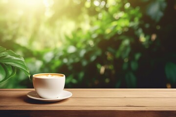 Coffee espresso on wood table nature background in garden