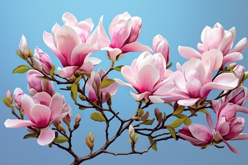Beautiful pink magnolia flowers on blue background. Illustration | Generative AI