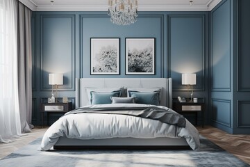 Contemporary 3D-rendered bedroom with white and blue tones. Generative AI
