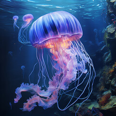 Jellyfish in ocean ultramarine water 