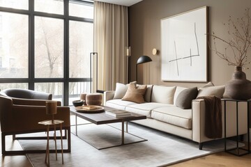 Naklejka na ściany i meble Modern living room with cozy sofa, armchair, clean lines, neutral palette, and mixed materials. Generative AI