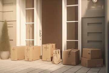 Conceptual image of parcels delivered outside door of an online purchase delivery service. 3D rendering. Generative AI