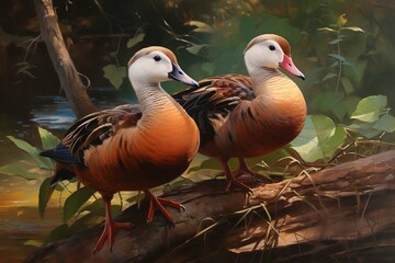 A painting of white-faced whistling ducks on canvas. Generative AI
