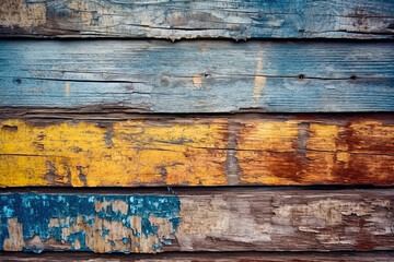 Texture of vintage wooden boards with cracked yellow and blue paint.
