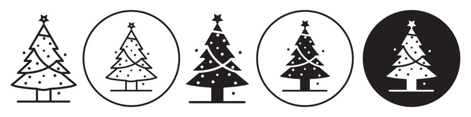 Christmas Tree symbol Icon. Flat outlined vector set collection of hipster happy new year celebration on winter December with snow flake and xmas balls. Sign logo of pine fir season decoration