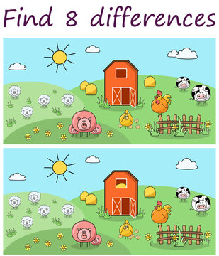 Logic puzzle game. Find 8 differences in farm landscape themed pictures with farm animals, barn, hay. Vector illustration for activity book.