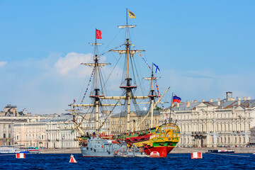 Ships and boats on Neva river around Day of Russian Navy, Saint Petersburg, Russia