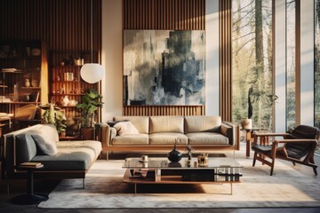 A modern living room boasts an elegant partition wall with sleek glass panels, allowing natural light to permeate while maintaining distinct zones. Generative AI