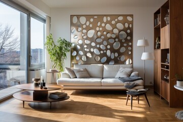 In a chic urban apartment, a creative room divider showcases a geometric pattern of metal and wood, merging style with functionality. Generative AI