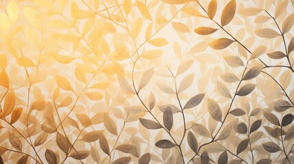 a painting of leaves on a wall with a yellow background.  generative ai