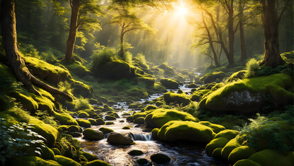 AI-Crafted Sunrise: Sunlit Fog Over River in Non-Urban Park Landscape, Autumn Trees Mingle with Summer Green, Morning Dew on Grass, Dark Forest Footpath, Dusk's Echo on Mountain, Seasons Collide.