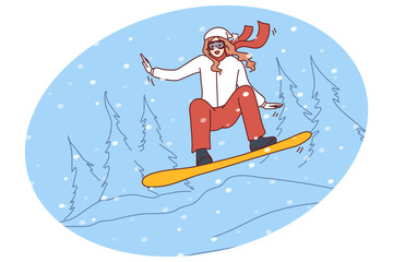 Happy active woman in outerwear snowboarding in mountains on holidays. Smiling girl enjoy winter physical activity. Sport and vacation. Vector illustration.