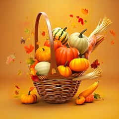 Pumpkins and autumn vegetables falling from wooden rattan basket on orange background 3D Rendering, 3D Illustration | Generative AI