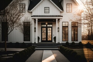 Modern farmhouse home with white wood siding, black front door, and sconce lights. Columns flank the entrance. Generative AI