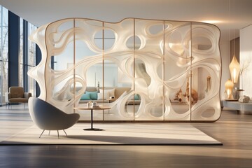 In a contemporary urban retreat, a sculptural room divider becomes an artful centerpiece, a harmonious blend of form and function. Generative AI