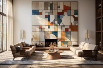 A patterned ceramic tile partition adds global allure to the living room, evoking a sense of travel and cultural exploration. Generative AI
