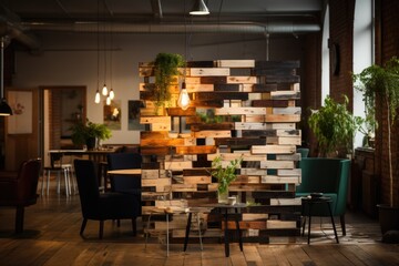 A room divider fashioned from repurposed wooden pallets introduces rustic character, capturing a blend of sustainability and style. Generative AI