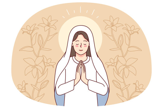 recommend clip art: Virgin Mary surrounded by lilies praying. Mother of Jesus Christ in prayer. Faith and religion. Vector illustration.